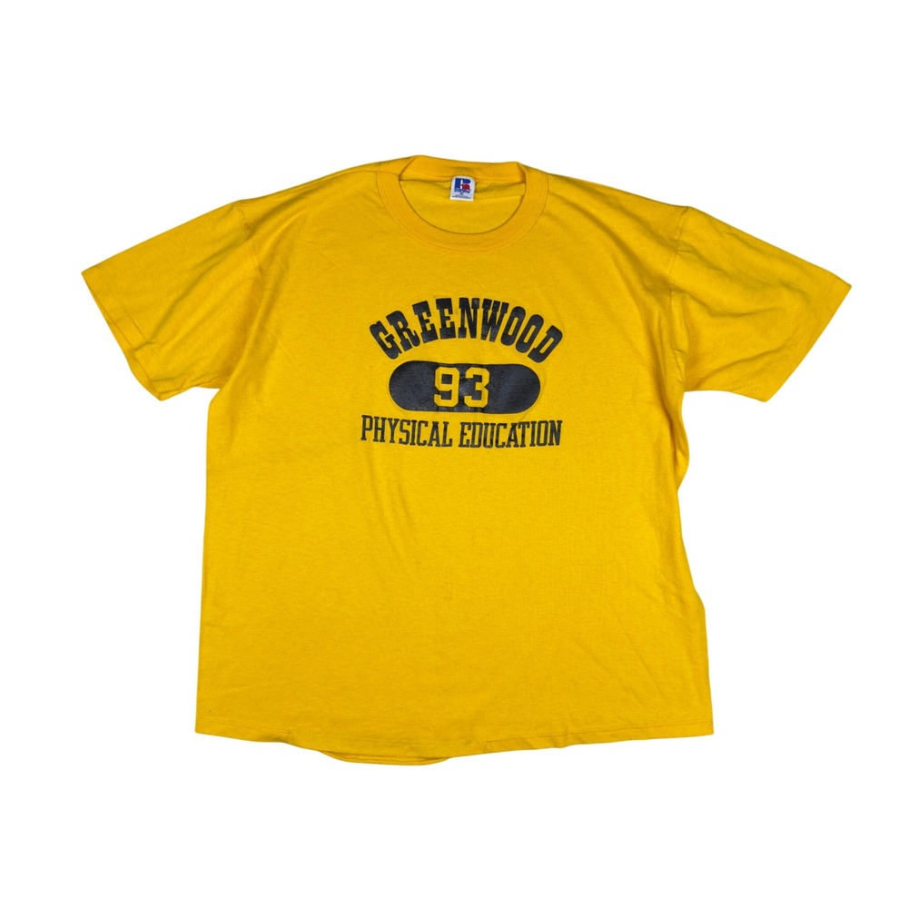 Vintage Russell Athletic T-Shirt Men's XL Yellow Greenwood 93 Phys Ed‎ USA